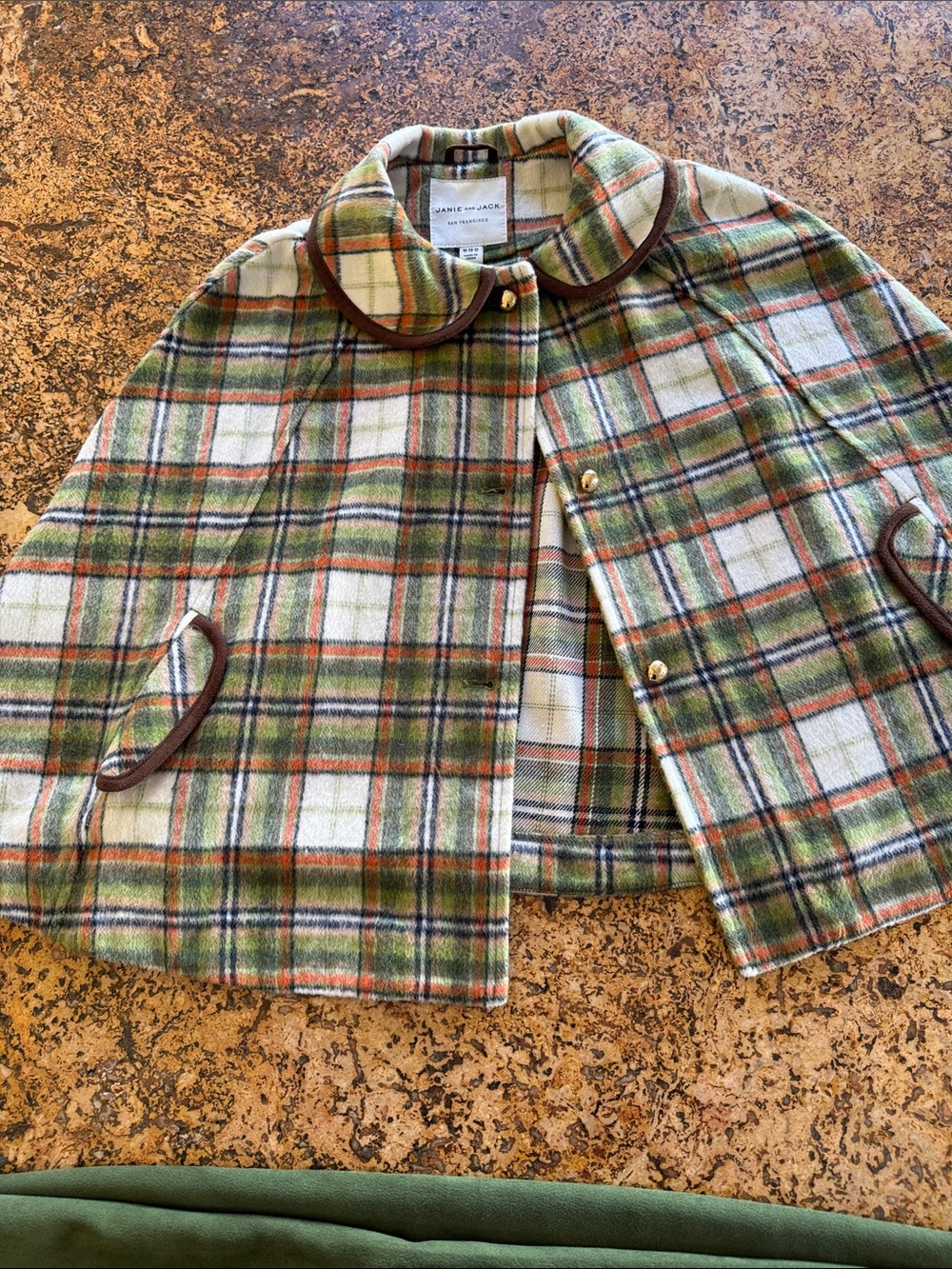Girls Janie and Jack beautiful Green, Brown and Cream Plaid Cape Coat